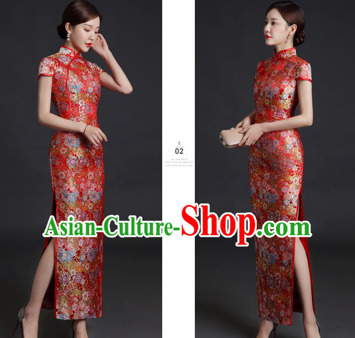 Chinese Bride Red Brocade Cheongsam Traditional Wedding Dress Compere Full Dress Classical Qipao Clothing