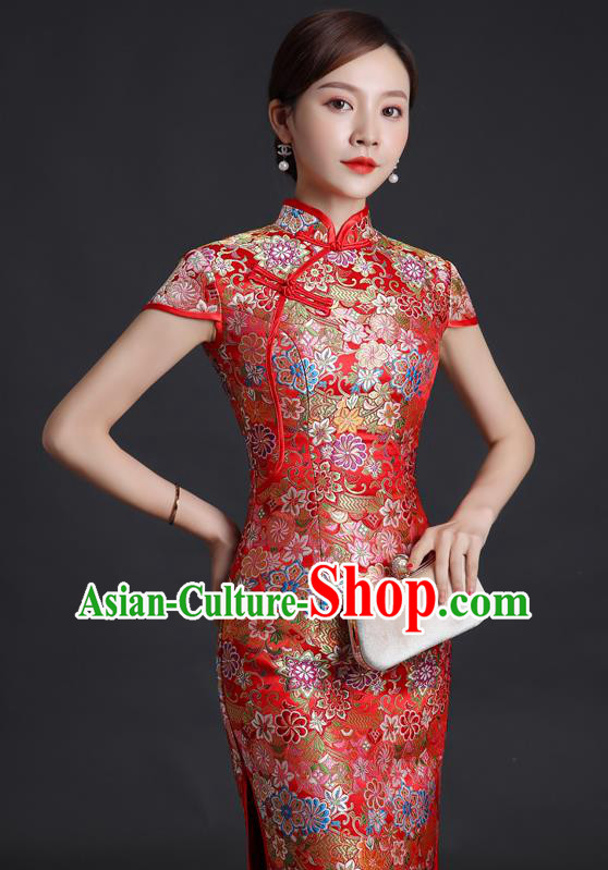 Chinese Bride Red Brocade Cheongsam Traditional Wedding Dress Compere Full Dress Classical Qipao Clothing