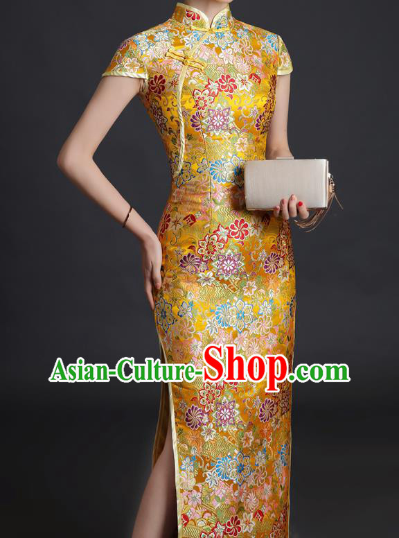 Chinese Classical Qipao Clothing Bride Golden Brocade Cheongsam Traditional Wedding Dress Compere Full Dress