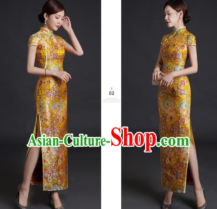 Chinese Classical Qipao Clothing Bride Golden Brocade Cheongsam Traditional Wedding Dress Compere Full Dress
