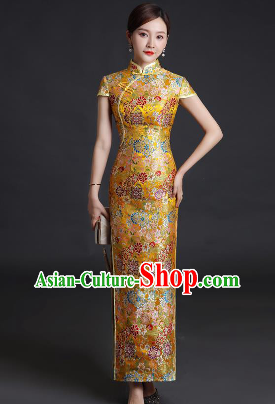 Chinese Classical Qipao Clothing Bride Golden Brocade Cheongsam Traditional Wedding Dress Compere Full Dress