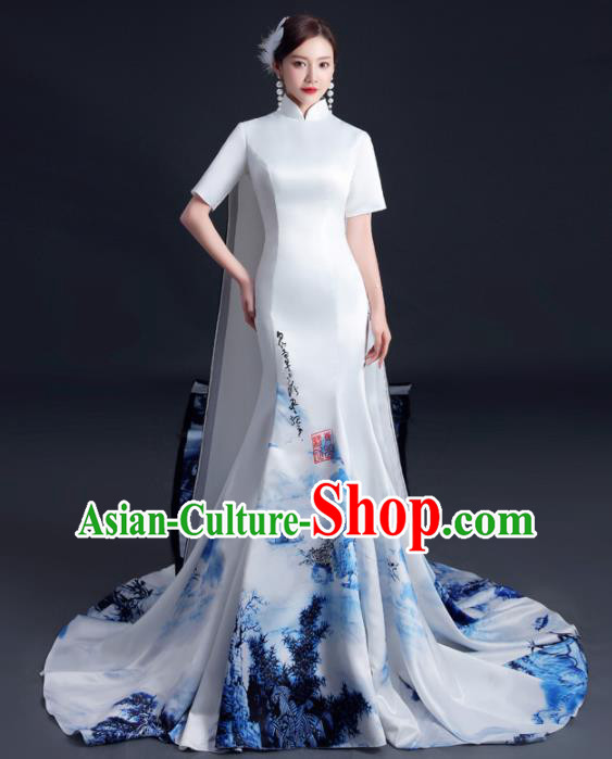 China Professional Catwalks Full Dress Dinner Party Formal Garment Compere Ink Painting Landscape Trailing Dress
