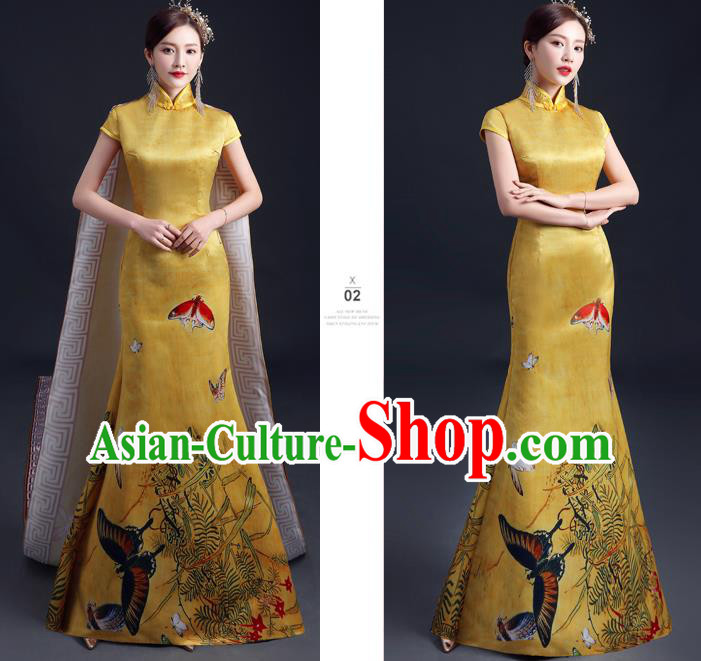 Chinese Compere Full Dress Classical Qipao Clothing Long Mantle Cheongsam Traditional Dress