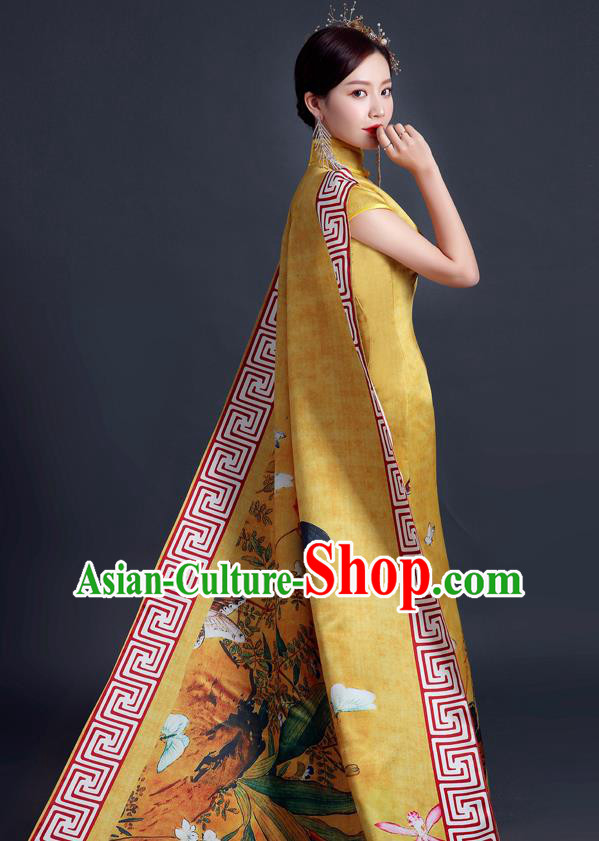 Chinese Compere Full Dress Classical Qipao Clothing Long Mantle Cheongsam Traditional Dress