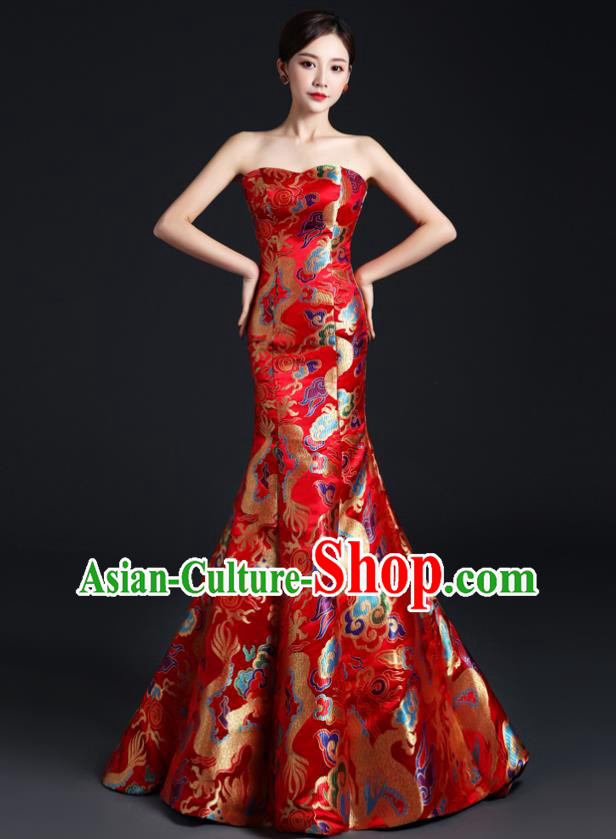 China Compere Fishtail Dress Professional Catwalks Red Full Dress Wedding Bride Formal Garment