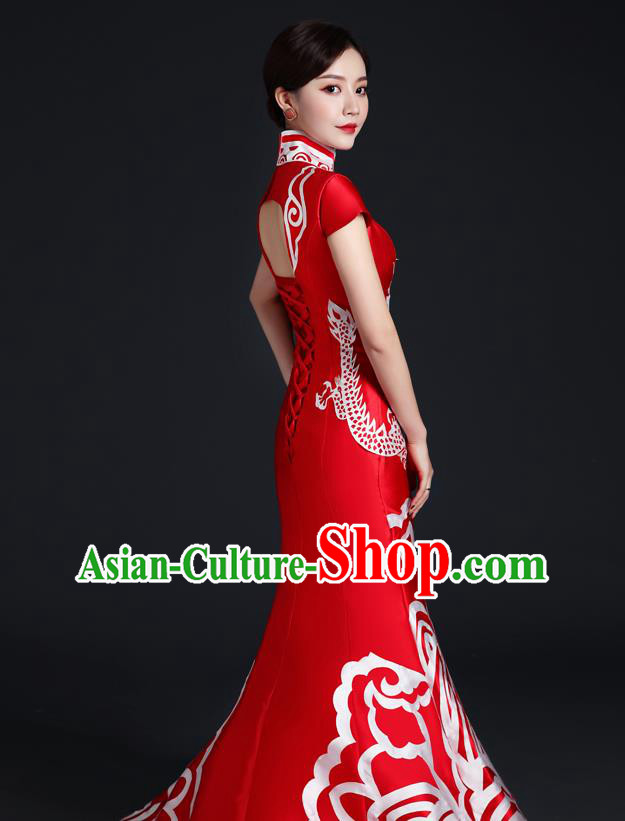 Chinese Traditional Trailing Dress Compere Full Dress Classical Qipao Clothing Wedding Red Cheongsam