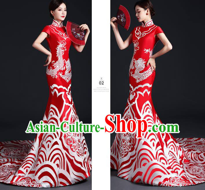 Chinese Traditional Trailing Dress Compere Full Dress Classical Qipao Clothing Wedding Red Cheongsam