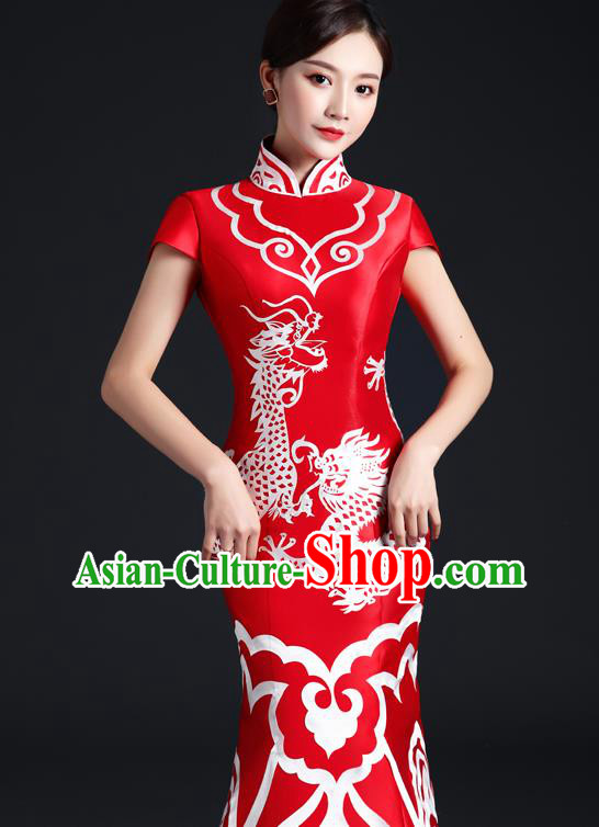 Chinese Traditional Trailing Dress Compere Full Dress Classical Qipao Clothing Wedding Red Cheongsam