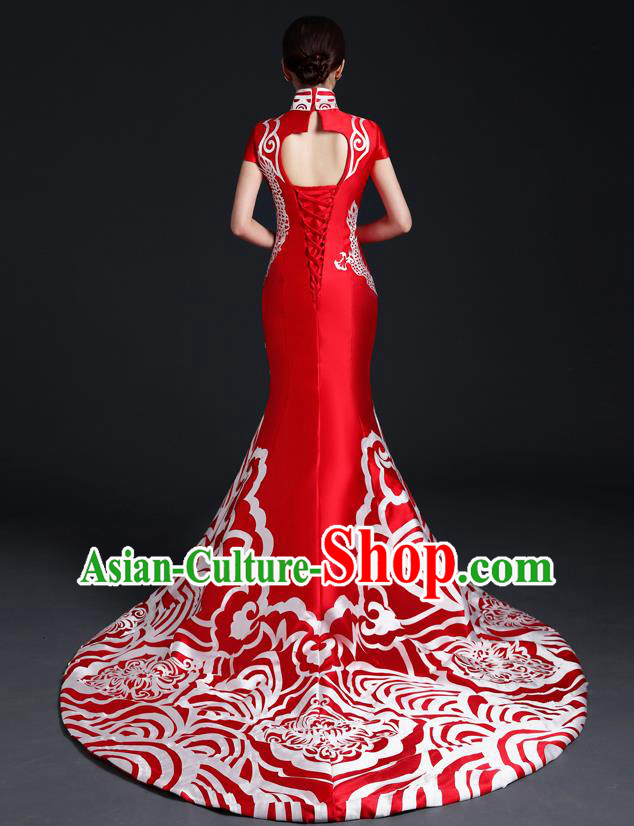 Chinese Traditional Trailing Dress Compere Full Dress Classical Qipao Clothing Wedding Red Cheongsam