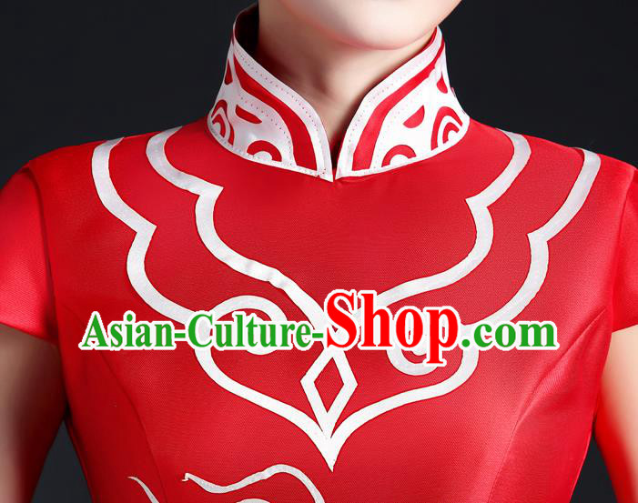 Chinese Traditional Trailing Dress Compere Full Dress Classical Qipao Clothing Wedding Red Cheongsam