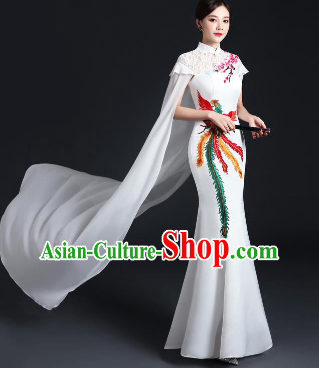 Chinese Modern White Mantle Cheongsam Traditional Embroidered Phoenix Dress Compere Full Dress Classical Qipao Clothing