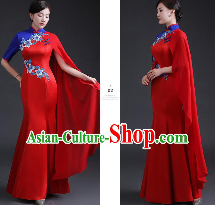 Chinese Traditional Red Dress Compere Full Dress Embroidered Qipao Clothing Modern Cheongsam