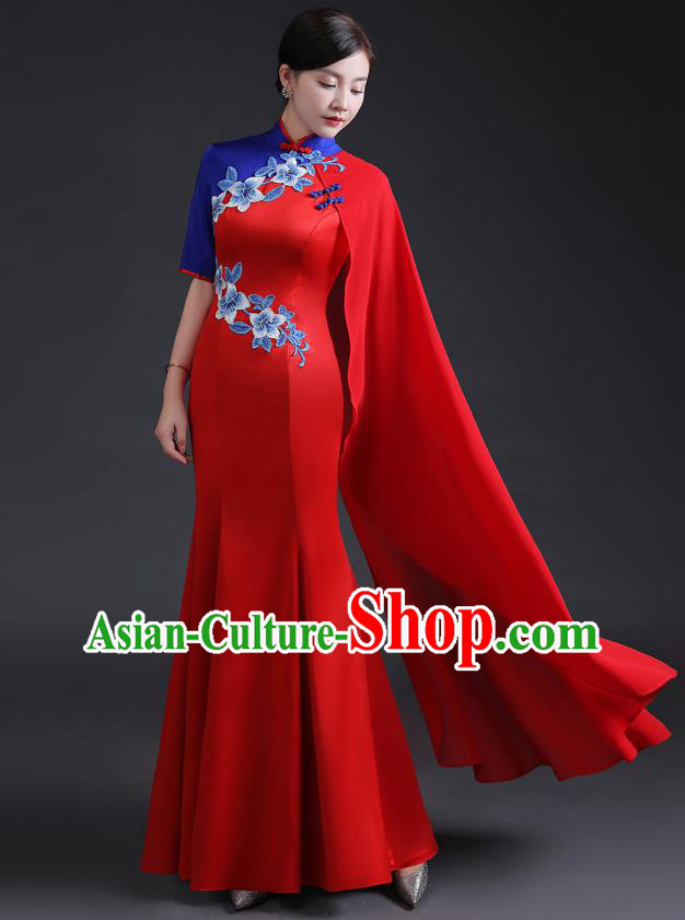 Chinese Traditional Red Dress Compere Full Dress Embroidered Qipao Clothing Modern Cheongsam