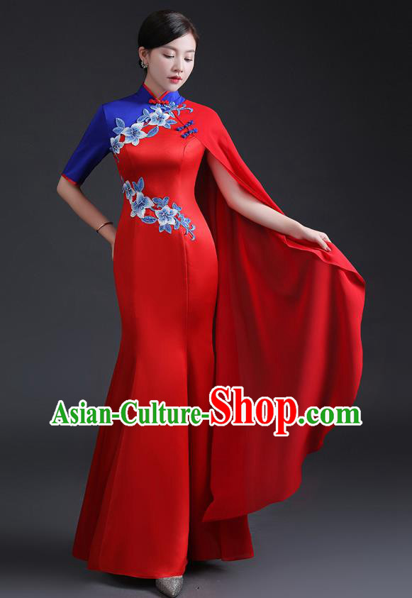 Chinese Traditional Red Dress Compere Full Dress Embroidered Qipao Clothing Modern Cheongsam