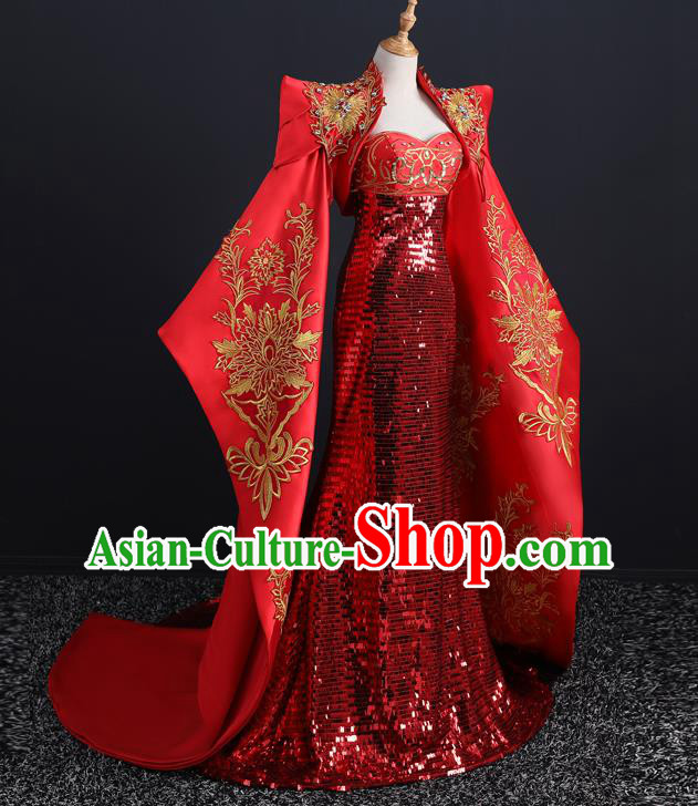 China Compere Red Fishtail Dress Professional Catwalks Embroidery Beads Full Dress New Year Formal Costume