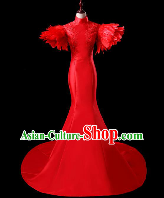 China New Year Formal Costume Compere Red Feather Dress Professional Catwalks Full Dress