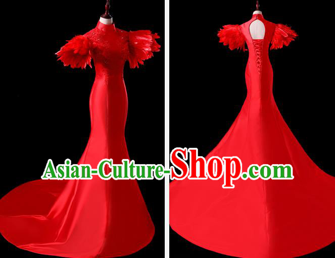 China New Year Formal Costume Compere Red Feather Dress Professional Catwalks Full Dress