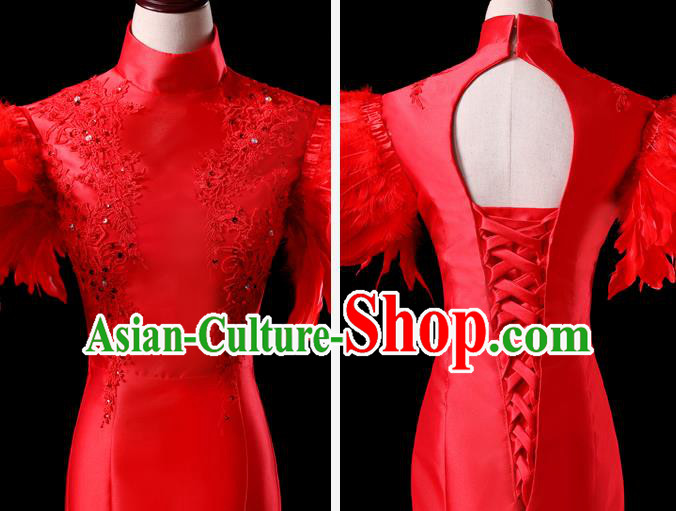 China New Year Formal Costume Compere Red Feather Dress Professional Catwalks Full Dress