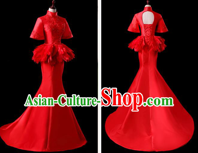 China Compere Red Feather Dress Professional Catwalks Full Dress New Year Formal Costume