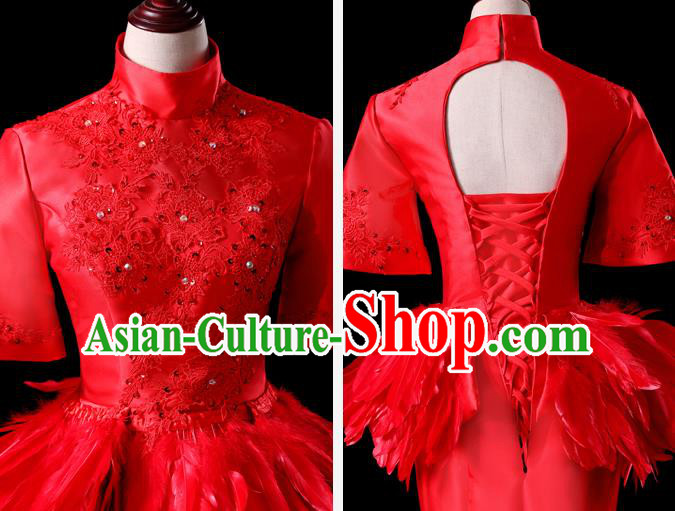 China Compere Red Feather Dress Professional Catwalks Full Dress New Year Formal Costume