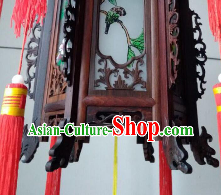 Top Rosewood Palace Lanterns Painting Flowers Birds Wood Lantern Chinese Festival Hanging Lamp