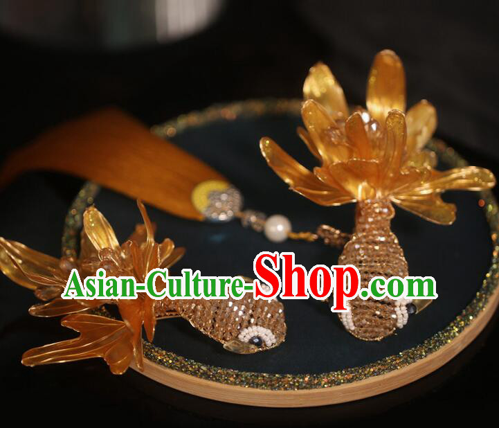 Handmade Chinese Wedding Headpiece Golden Carp Tassel Hair Jewelries Ancient Style Hairpins
