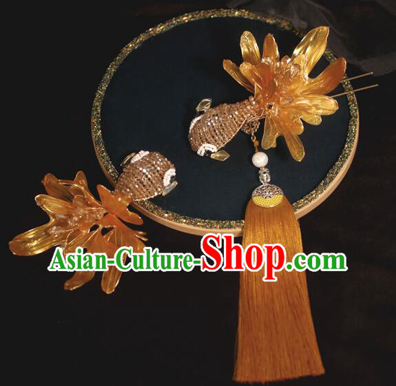 Handmade Chinese Wedding Headpiece Golden Carp Tassel Hair Jewelries Ancient Style Hairpins