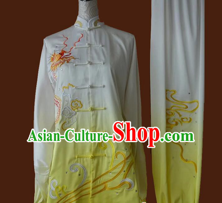 Top Embroidered Dragon Tai Chi Championship Costumes Martial Arts Qi Gong Clothing Tai Ji Competition Gradient White to Yellow Uniform
