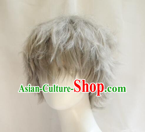 Top Short Wig Men Headwear Cosplay Swordsman Grey Wig Handmade