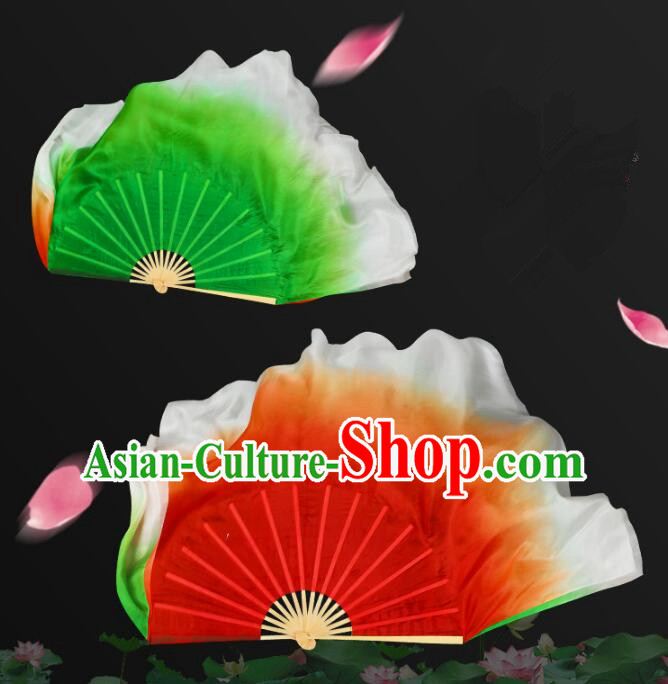 China Classical Dance Silk Fan Yangko Dance Bamboo Fan Gradient Red and Green Ribbon Folding Fan