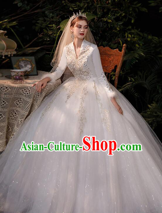 Bride Wedding Dress Top Winter Long Sleeve Dress Court Style Wedding Costume