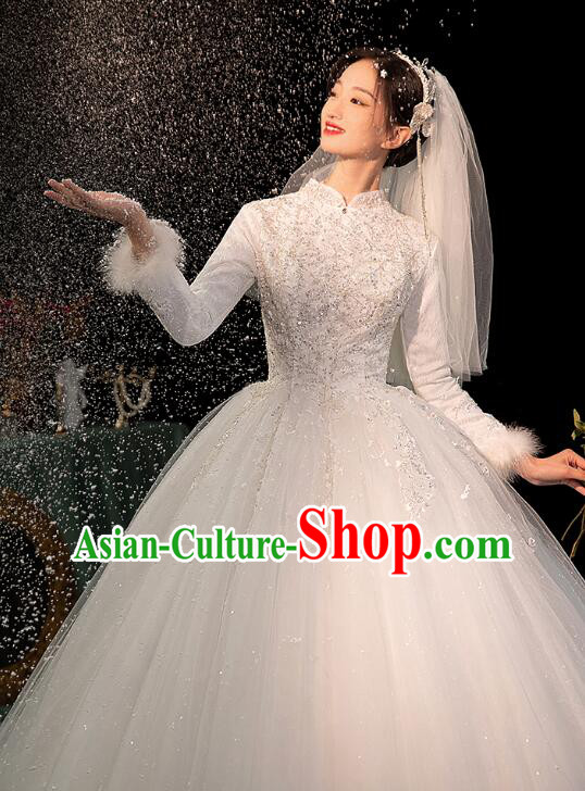 Bride Wedding Dress Top Winter Long Sleeve Dress Court Style Wedding Costume