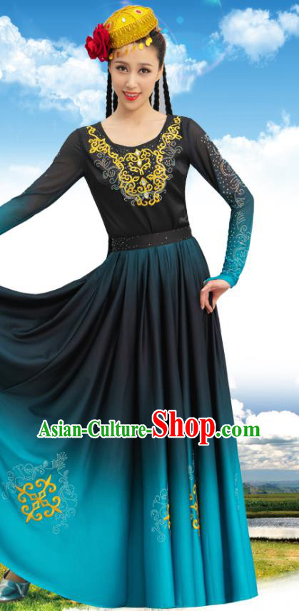 Chinese Art Competition Uygur Ethnic Dance Clothing National Dance Costume Xin Jiang Dance Black and Blue Dress