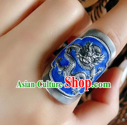 Chinese National Blueing Silver Ring Jewelry Traditional Handmade Accessories Retro Carving Dragon Circlet