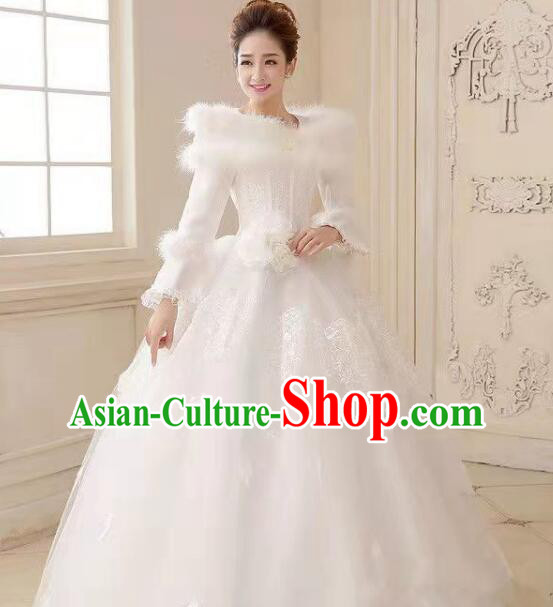 Top Handmade Winter Wedding Garment Bride White Wedding Dress Long Sleeve Full Dress