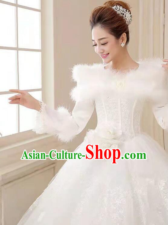 Top Handmade Winter Wedding Garment Bride White Wedding Dress Long Sleeve Full Dress
