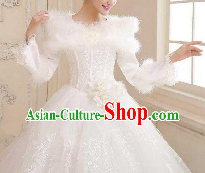 Top Handmade Winter Wedding Garment Bride White Wedding Dress Long Sleeve Full Dress
