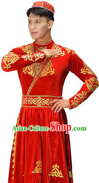 Chinese Uyghur Nationality Dance Costume Ethnic Male Group Dance Clothing Xinjiang Dance Red Outfit