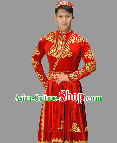 Chinese Uyghur Nationality Dance Costume Ethnic Male Group Dance Clothing Xinjiang Dance Red Outfit