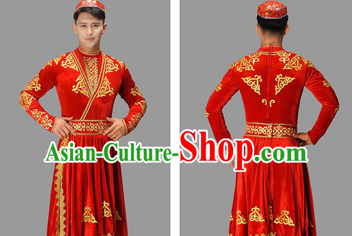 Chinese Uyghur Nationality Dance Costume Ethnic Male Group Dance Clothing Xinjiang Dance Red Outfit