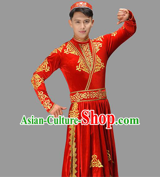 Chinese Uyghur Nationality Dance Costume Ethnic Male Group Dance Clothing Xinjiang Dance Red Outfit