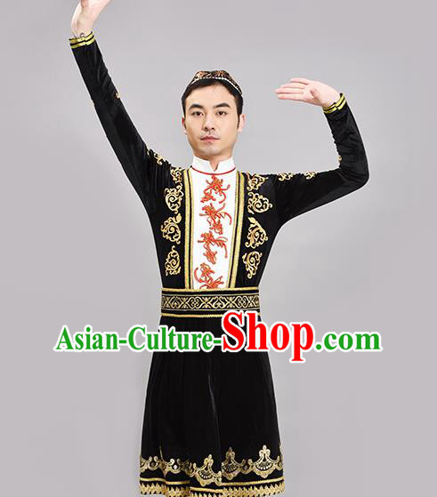 Chinese Ethnic Male Group Dance Clothing Xinjiang Dance Black Outfit Uyghur Nationality Dance Costume