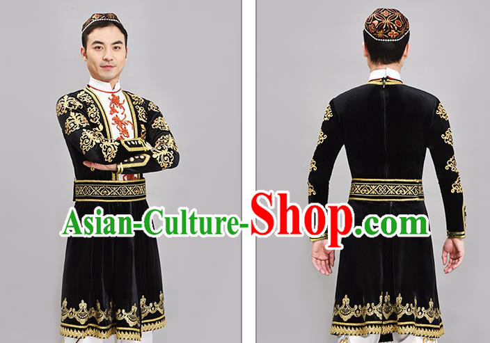 Chinese Ethnic Male Group Dance Clothing Xinjiang Dance Black Outfit Uyghur Nationality Dance Costume