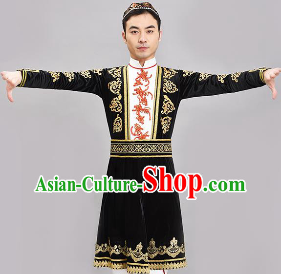 Chinese Ethnic Male Group Dance Clothing Xinjiang Dance Black Outfit Uyghur Nationality Dance Costume
