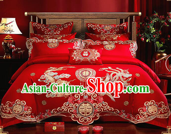 Top Cotton Bedding Items Chinese Wedding Bedclothes Embroidery Dragon and Phoenix Four Pieces Set