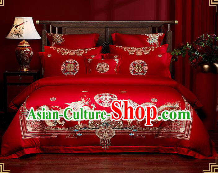 Top Chinese Red Wedding Bedclothes Embroidery Dragon and Phoenix Four Pieces Set Cotton Bedding Items