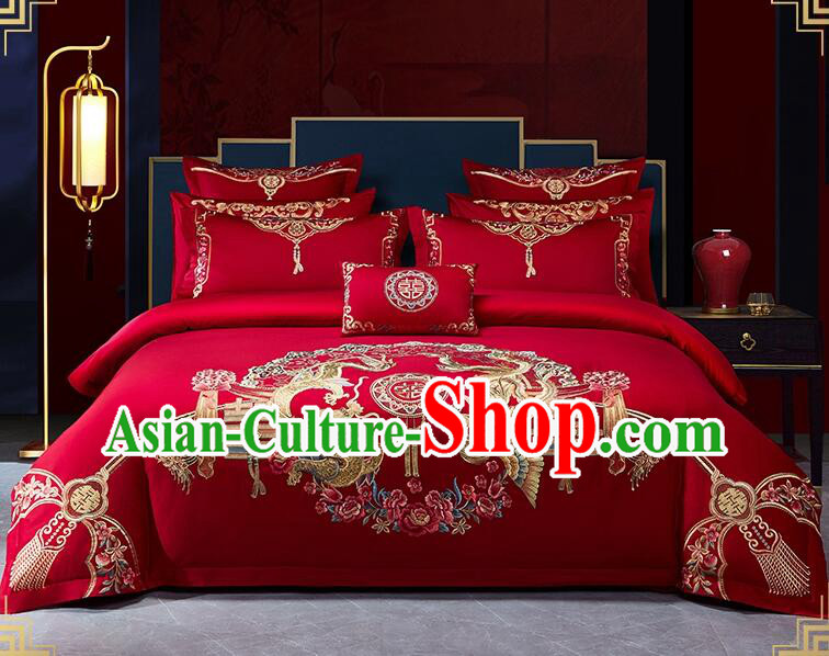 Top Embroidery Dragon and Phoenix Four Pieces Set Long Staple Cotton Bedding Items Chinese Red Wedding Bedclothes