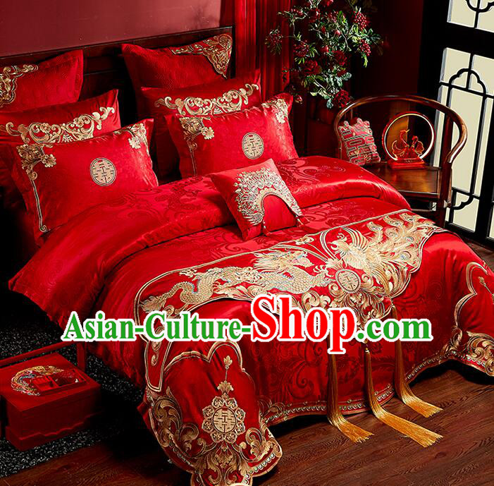 Chinese Wedding Bedclothes Top Embroidery Dragon and Phoenix Red Four Pieces Set Long Staple Cotton Bedding Items