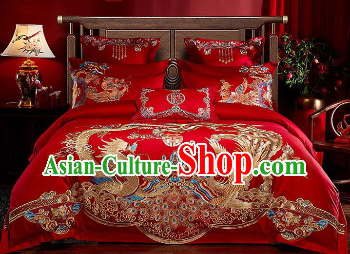 Chinese Long Staple Cotton Bedding Items Wedding Bedclothes Top Embroidery Dragon and Phoenix Red Four Pieces Set