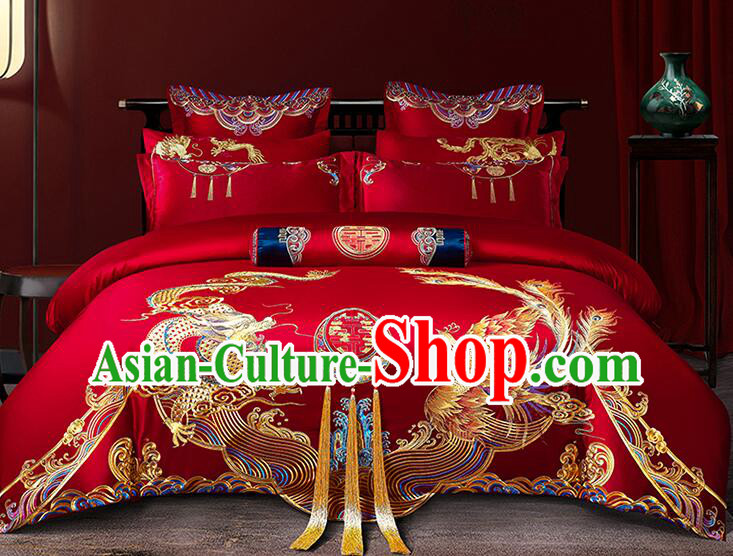 Chinese Embroidery Dragon and Phoenix Red Four Pieces Set Top Long Staple Cotton Bedding Items Wedding Bedclothes